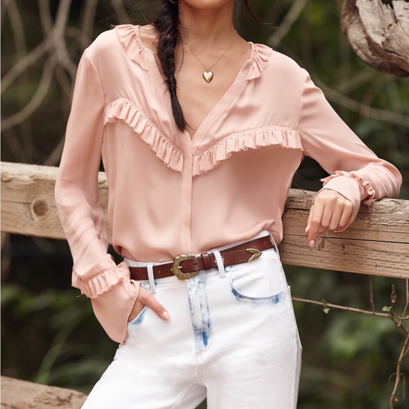 Paige Montel Ruffle Flare Cuffs Button Down V-Neck Blouse - Picture 1 of 14